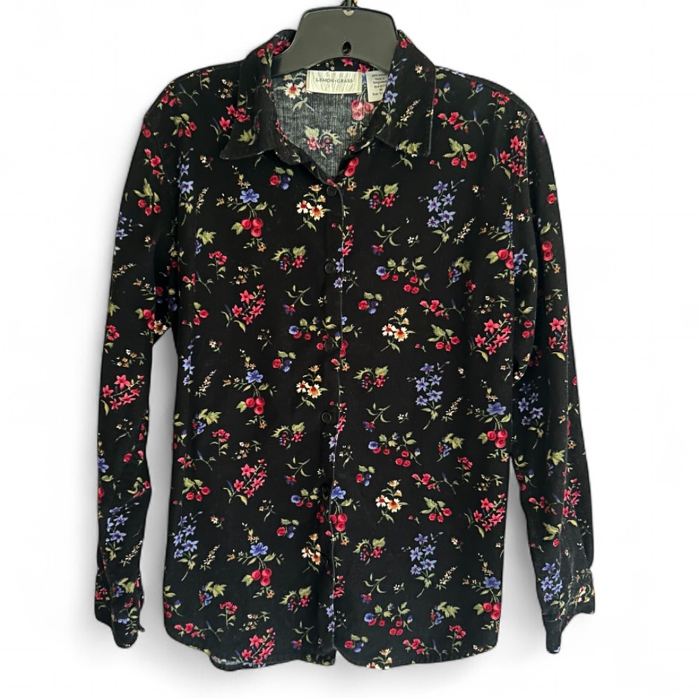 VINTAGE LEMON GRASS Dark Floral Corduroy Button Down Shirt Indie Grunge Size M